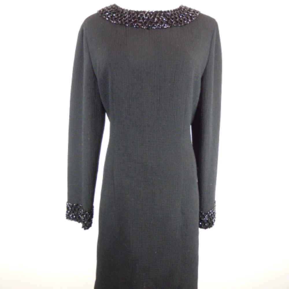 GENNY ITALY BLACK BEADED dress long sleeve jewel neck sheath = I44 10 wedding
